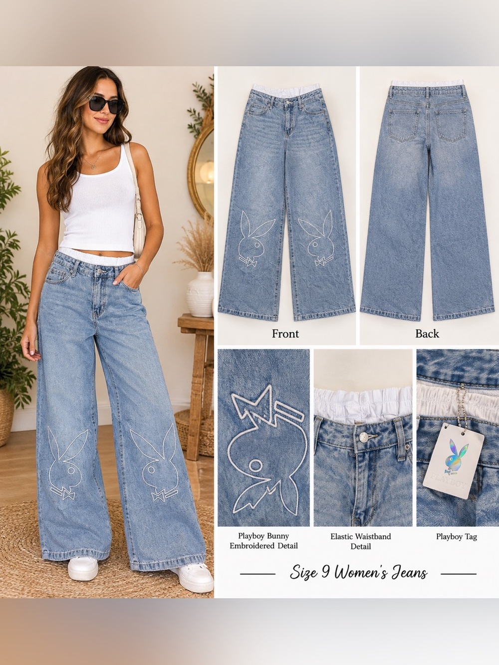 Playboy Embroidered Bunny Logo Wide Leg Jeans Denim Y2K Juniors Size 9/30 NEW